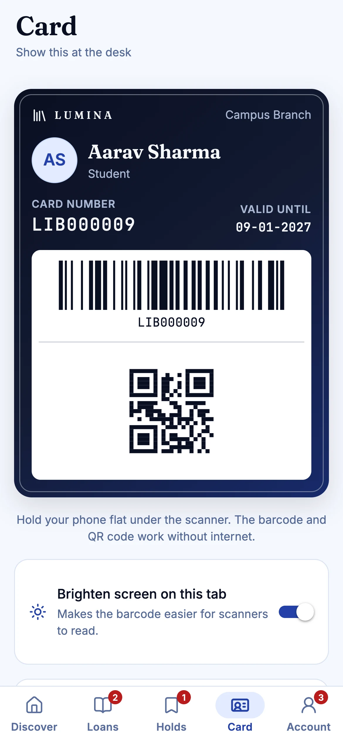 Member app showing a digital library card