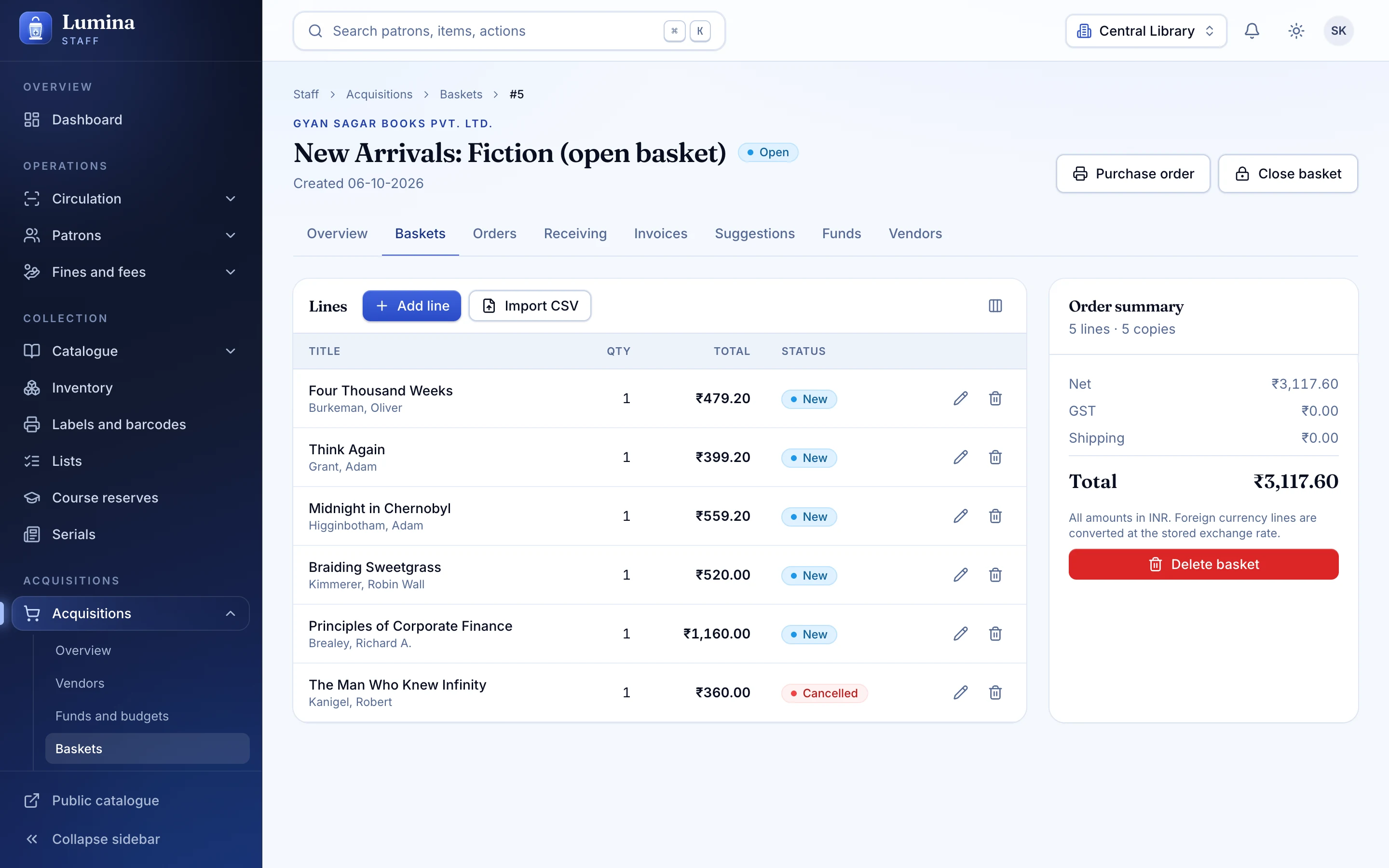 Acquisitions basket with order lines and fund totals