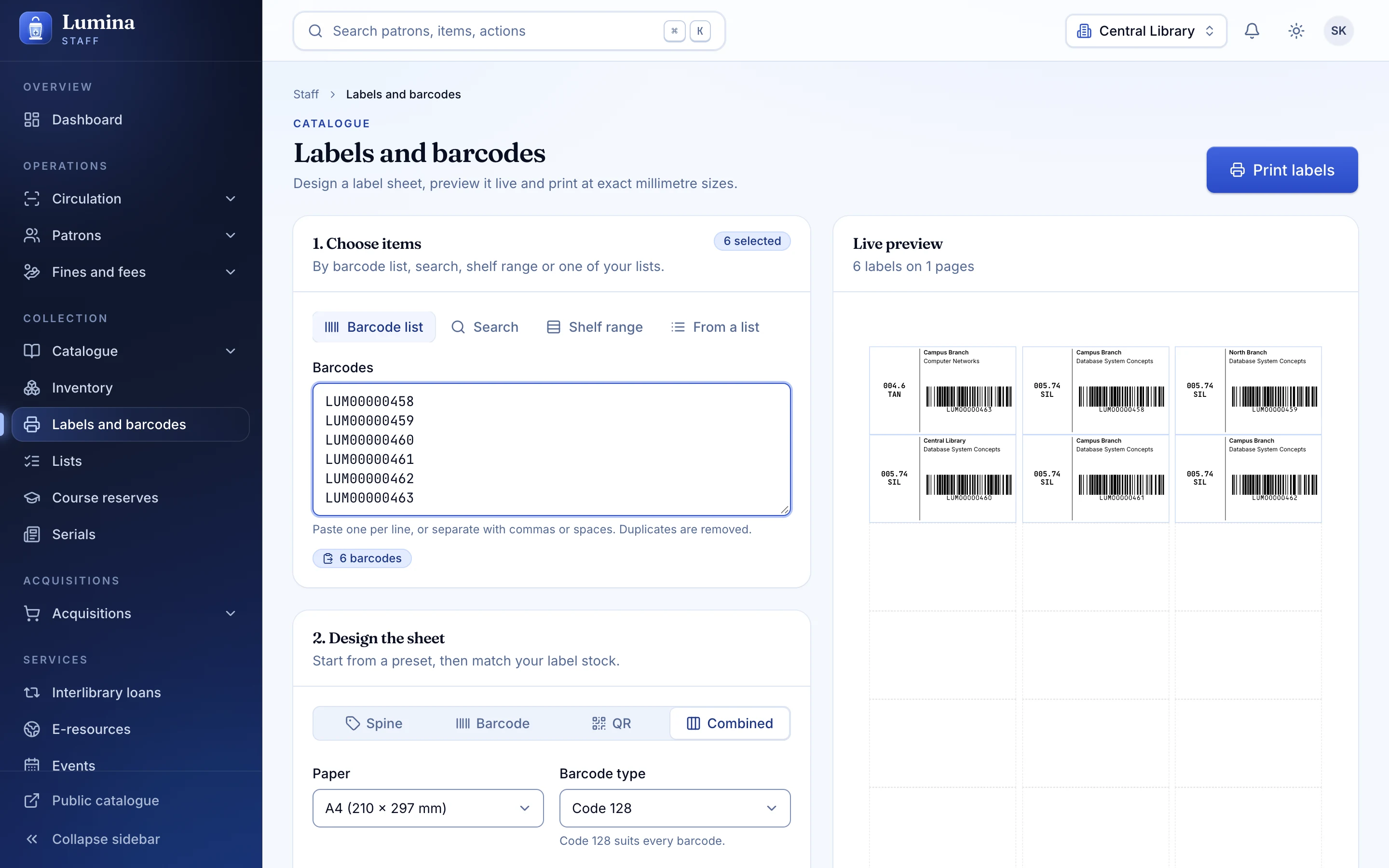 Label printing screen with barcode and QR options